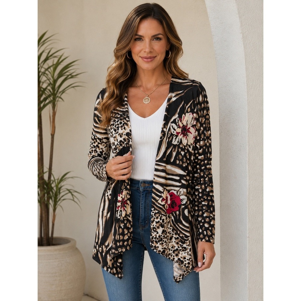 Cache Cardigan Women Medium Tan Black Animal Floral Draped Open Front Office